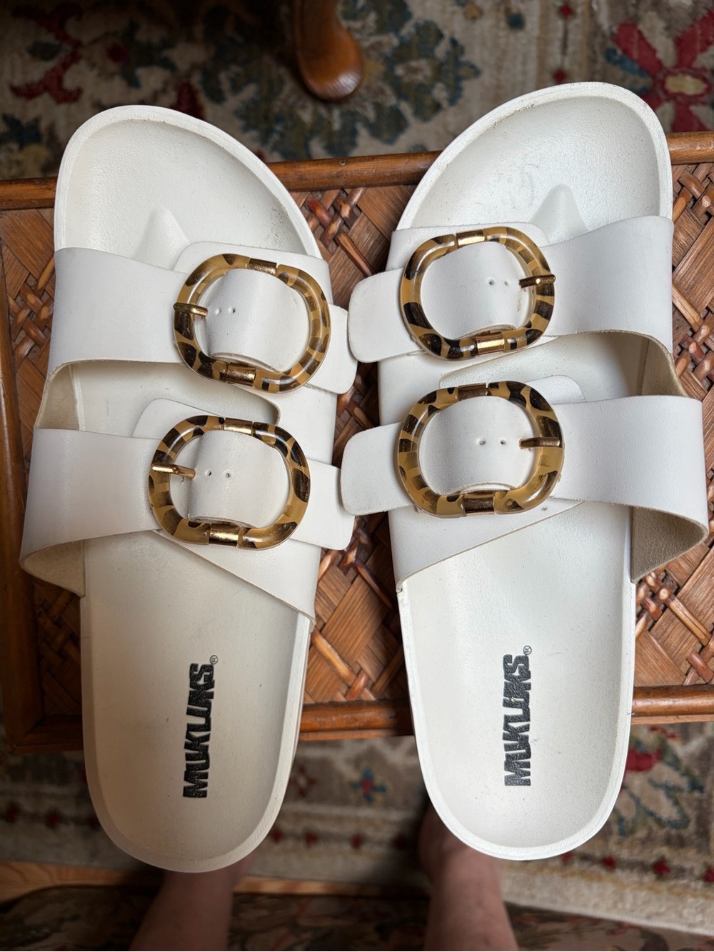 MUK LUKS White Slide Sandals with Tortoiseshell Buckles